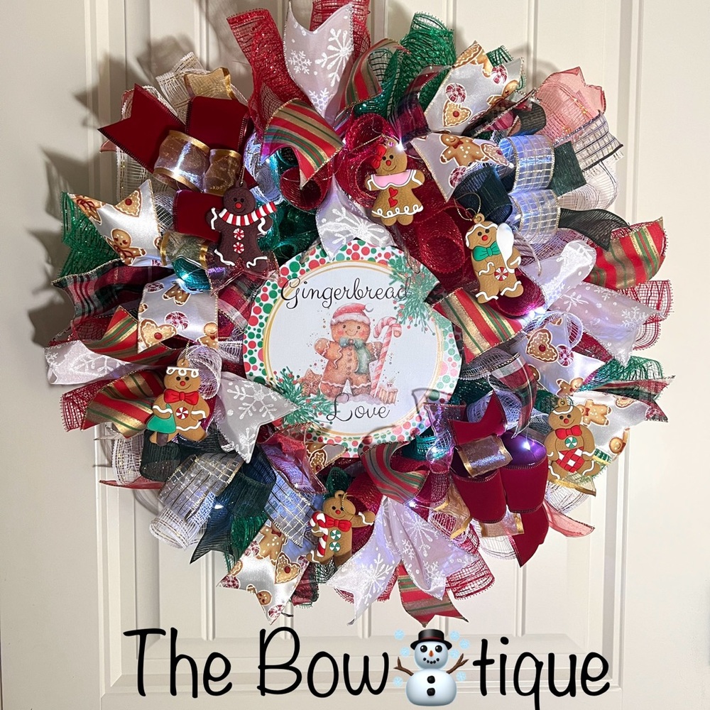 Handmade Gingerbread Love Christmas Holiday Ribbon Door Wreath 22 ins W56